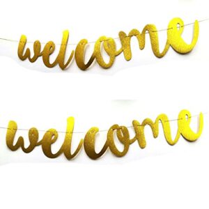 Welcome Gold Glitter Vintage Party Banner Wedding Birthday Bunting House Home Classroom Decorations Garland Photo Props Back to School Party Supplies (Gold)