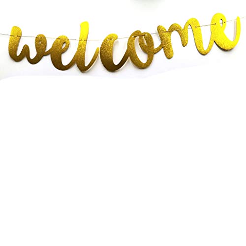 Welcome Gold Glitter Vintage Party Banner Wedding Birthday Bunting House Home Classroom Decorations Garland Photo Props Back to School Party Supplies (Gold)