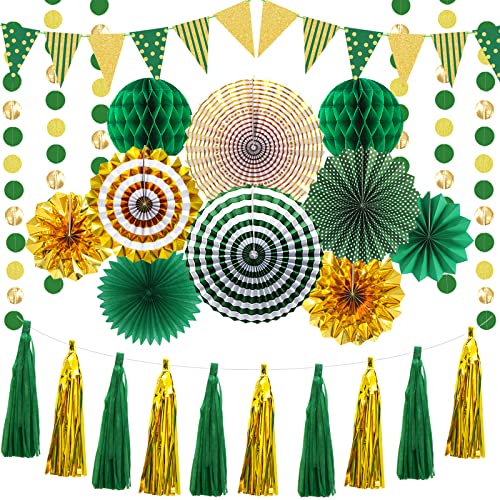 Green Gold Paper Fans Hanging Glitter Paper Triangle Flag Pennant Banner Tassel Garland Circle Banners Party Decorations for Bachelorette, Birthday Carnival, Engagement Wedding, Baby Bridal Shower