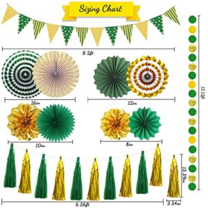 Green Gold Paper Fans Hanging Glitter Paper Triangle Flag Pennant Banner Tassel Garland Circle Banners Party Decorations for Bachelorette, Birthday Carnival, Engagement Wedding, Baby Bridal Shower