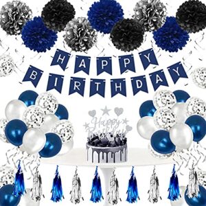movinpe navy blue birthday decoration man balloon, inclu. happy birthday banner blue silver confetti balloons paper pom pom hanging swirl tassels bunting cake toppers ribbon boy women