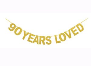 qibote gold glitter 90 years loved banner for 90th birthday, 90 wedding anniversary party decorations