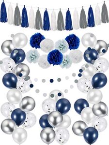 66 pieces blue party decorations include blue white grey balloons, paper pom flowers, tassel garland and round party garland for blue birthday party wedding baby shower graduation ceremony