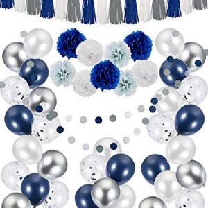 66 Pieces Blue Party Decorations Include Blue White Grey Balloons, Paper Pom Flowers, Tassel Garland and Round Party Garland for Blue Birthday Party Wedding Baby Shower Graduation Ceremony