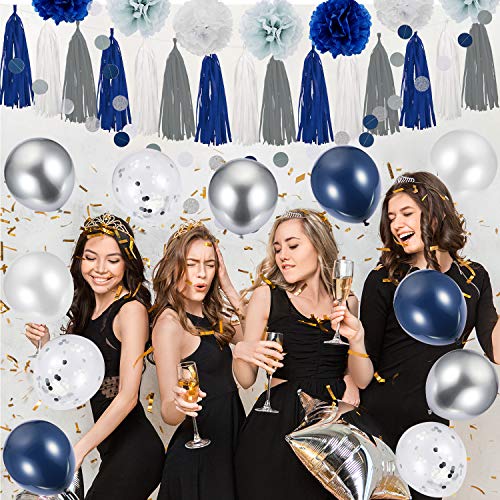 66 Pieces Blue Party Decorations Include Blue White Grey Balloons, Paper Pom Flowers, Tassel Garland and Round Party Garland for Blue Birthday Party Wedding Baby Shower Graduation Ceremony