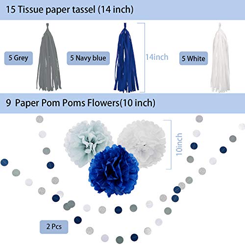 66 Pieces Blue Party Decorations Include Blue White Grey Balloons, Paper Pom Flowers, Tassel Garland and Round Party Garland for Blue Birthday Party Wedding Baby Shower Graduation Ceremony