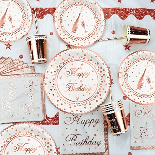 265 PCS White Rose Gold Party Supplies Rose Gold & White Party Decorations Girls Birthday Decorations Dinnerware Set Rose Gold Birthday Plates Cup Napkin Banner Tablecloth Balloon garland kit Serve 20