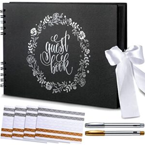 wedding guest book 12 x 8 inch hard cover photo album sign in registry guestbook scrapbook with silver foil gilded edges ribbons 100 pages black hardbound book with 2 pens 4 photo corners for wedding