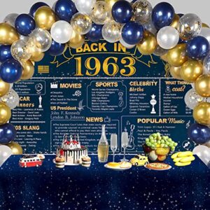 darunaxy blue 60th birthday party decorations, blue gold back in 1963 banner, 60pcs confetti balloons, 2pcs tablecloths for 60 years old party vintage 1963 party poster supplies for men and women