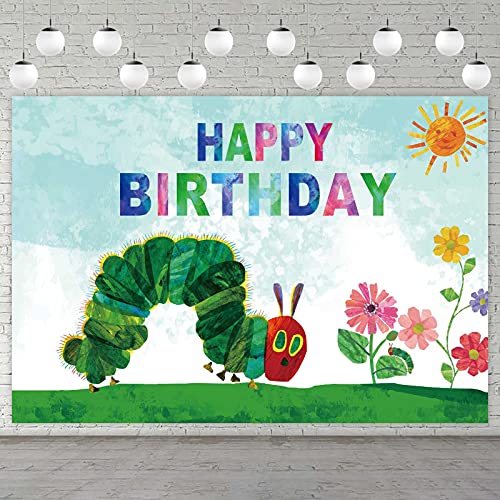 Cartoon Very Hungry Little Green Caterpillar Happy Birthday Banner Backdrop Insects Theme Decor for 1st Birthday Party Baby Shower Photo Studio Booth Props Background Supplies Favors Decorations