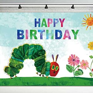 Cartoon Very Hungry Little Green Caterpillar Happy Birthday Banner Backdrop Insects Theme Decor for 1st Birthday Party Baby Shower Photo Studio Booth Props Background Supplies Favors Decorations