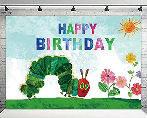 Cartoon Very Hungry Little Green Caterpillar Happy Birthday Banner Backdrop Insects Theme Decor for 1st Birthday Party Baby Shower Photo Studio Booth Props Background Supplies Favors Decorations