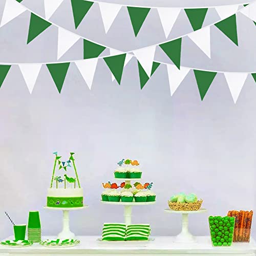 32Ft Green and White Banner Party Decorations Triangle Flag Fabric Banner Cotton Pennant Bunting Garland for Christmas Wedding Birthday Home Nursery Outdoor Garden Hanging Festivals Decoration