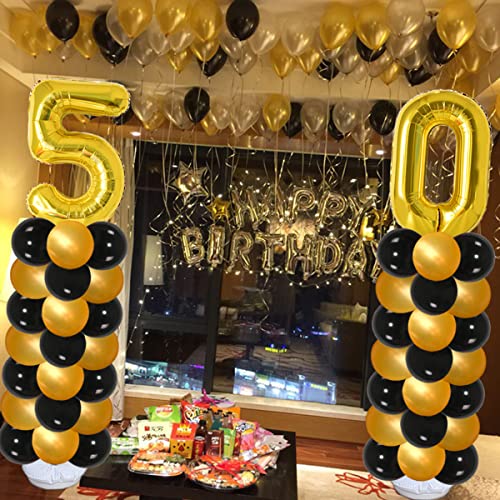 50th Birthday Decorations Kit for Women Men,6.5 Feet Tall 50 Birthday Balloon Column for 50th Birthday and Anniversary Party Decorations (Black & Gold)