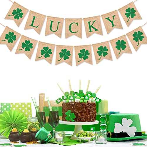 St. Patrick'S Day Decorations Burlap Lucky Banner Four Clover Green Banner, Irish Party Banner, Green Theme Party Decoration