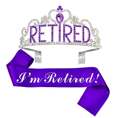 GotGala Retirement Party Decorations Retirement Gifts for Women Retirement Tiara and Sash Set Purple & Sliver Glittery Stain Sash Crystal Crown for Women Retirement Decorations