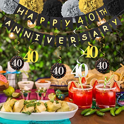 40th Anniversary Decorations Kit - 16Pcs - Including 1Pcs Happy 40th Anniversary Banner, 9Pcs Sparkling 40 Hanging Swirl, 6Pcs Poms - 40th Wedding Anniversary Party Decorations Supplies