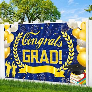 Navy Blue Congrats Grad Banner Decorations Class of 2023 Gold Blue Graduation Party Banner Supplies Photo Booth Wall Large Backdrop Decor for 2023 High School College Graduation Party Sign 72 x 44inch