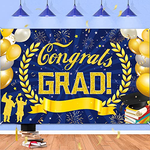 Navy Blue Congrats Grad Banner Decorations Class of 2023 Gold Blue Graduation Party Banner Supplies Photo Booth Wall Large Backdrop Decor for 2023 High School College Graduation Party Sign 72 x 44inch