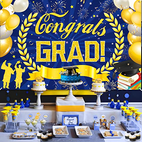 Navy Blue Congrats Grad Banner Decorations Class of 2023 Gold Blue Graduation Party Banner Supplies Photo Booth Wall Large Backdrop Decor for 2023 High School College Graduation Party Sign 72 x 44inch