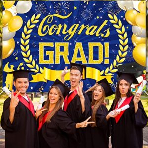 Navy Blue Congrats Grad Banner Decorations Class of 2023 Gold Blue Graduation Party Banner Supplies Photo Booth Wall Large Backdrop Decor for 2023 High School College Graduation Party Sign 72 x 44inch