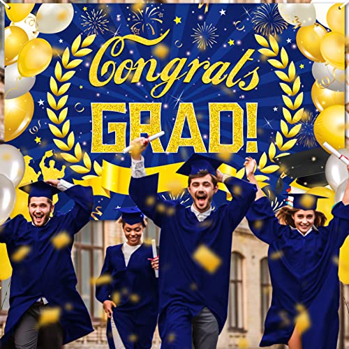 Navy Blue Congrats Grad Banner Decorations Class of 2023 Gold Blue Graduation Party Banner Supplies Photo Booth Wall Large Backdrop Decor for 2023 High School College Graduation Party Sign 72 x 44inch