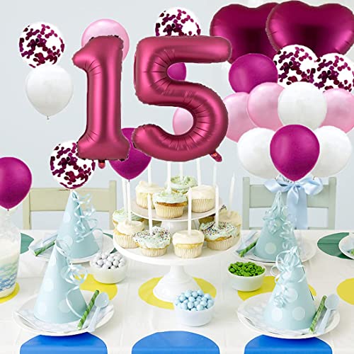 Sweet 15th Birthday Balloon 15th Birthday Decorations Happy 15th Birthday Party Supplies Burgundy Number 15 Foil Mylar Balloons Latex Balloon Gifts for Girls,Boys,Women,Men