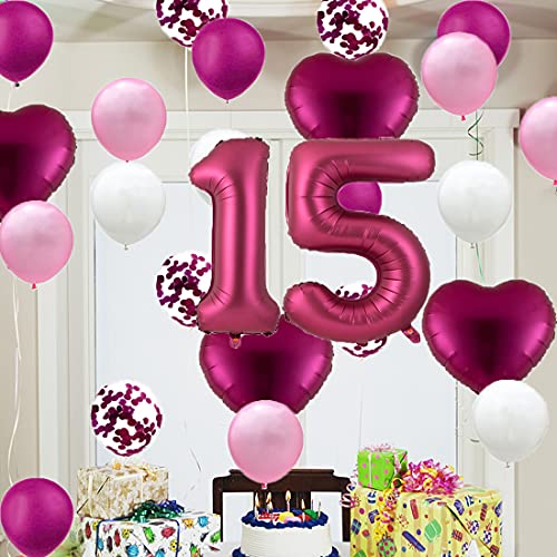 Sweet 15th Birthday Balloon 15th Birthday Decorations Happy 15th Birthday Party Supplies Burgundy Number 15 Foil Mylar Balloons Latex Balloon Gifts for Girls,Boys,Women,Men