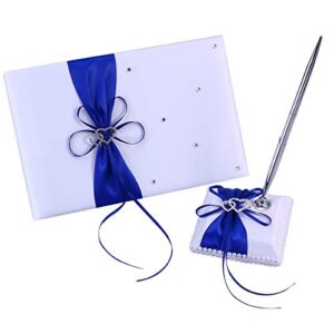 wedding guest book and pen set double heart rhinestone decor signature book with pen for wedding party decorations – blue