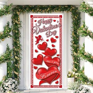 happy valentine’s day door cover, large fabric valentines day red heart door cover valentines day banner door hanging holiday decoration for valentines day party favors, 78 x 35.4 inch