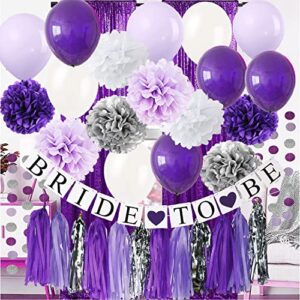 Purple Bridal Shower Decorations Bachelorette Party Decorations Purple Silver White Tissue Pom Pom Bride To Be Banner Purple White Balloons for Engagement Party /Wedding Shower /Hen Party