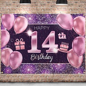 pakboom happy 14th birthday banner backdrop – 14 birthday party decorations supplies for girl – pink purple gold 4 x 6ft