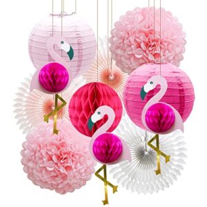 tropical pink flamingo party decorations, pom poms honeycomb balls paper flowers tissue paper fan paper lanterns for birthday hawaiian luau summer beach bachelorette party
