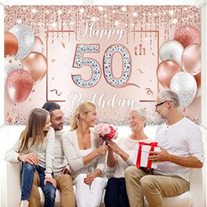 50th Birthday Backdrop Glitter Diamonds Balloons Lights Happy 50th Banner Rose Gold Pink Happy 50th Birthday Decorations for Women Anniversary Photo Booth Backdrop Cake Table Supply, 70.8 x 43.3 Inch