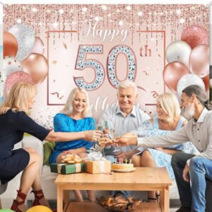 50th Birthday Backdrop Glitter Diamonds Balloons Lights Happy 50th Banner Rose Gold Pink Happy 50th Birthday Decorations for Women Anniversary Photo Booth Backdrop Cake Table Supply, 70.8 x 43.3 Inch