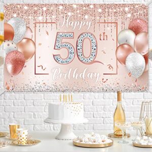 50th Birthday Backdrop Glitter Diamonds Balloons Lights Happy 50th Banner Rose Gold Pink Happy 50th Birthday Decorations for Women Anniversary Photo Booth Backdrop Cake Table Supply, 70.8 x 43.3 Inch