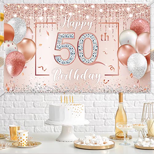 50th Birthday Backdrop Glitter Diamonds Balloons Lights Happy 50th Banner Rose Gold Pink Happy 50th Birthday Decorations for Women Anniversary Photo Booth Backdrop Cake Table Supply, 70.8 x 43.3 Inch