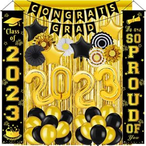 class of 2023 graduation decorations, black gold graduation party decor kits, banner, balloons, large congrats grad party supplies, congrats grad decorations for senior high school college photo prop
