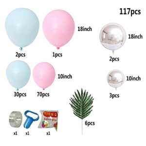 117Pcs Party Balloons Decoration Set, Pink Blue Balloon Silver 4D Balloon with Sunflower leaves for Baby Shower, Wedding, Birthday, Graduation, Anniversary Party