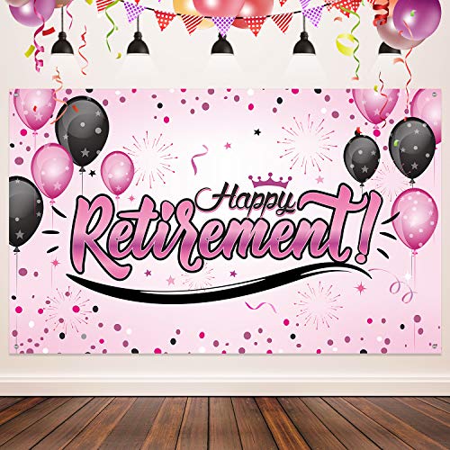 Happy Retirement Party Decorations, Giant Black and Gold Sign Retirement Party Banner Photo Booth Backdrop Background for Happy Retirement Party Supplies (Pink)