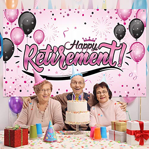 Happy Retirement Party Decorations, Giant Black and Gold Sign Retirement Party Banner Photo Booth Backdrop Background for Happy Retirement Party Supplies (Pink)