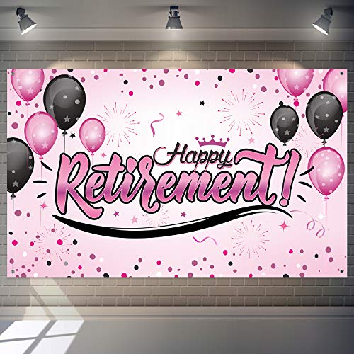 Happy Retirement Party Decorations, Giant Black and Gold Sign Retirement Party Banner Photo Booth Backdrop Background for Happy Retirement Party Supplies (Pink)