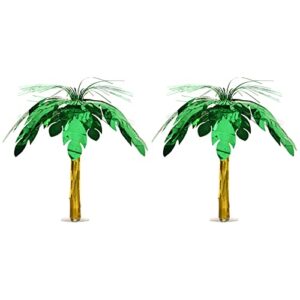 beistle 2 piece metallic plastic palm tree cascade centerpieces for luau hawaiian theme birthday party supplies jungle safari decorations, 18″, green/gold
