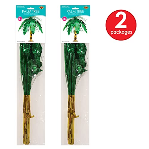 Beistle 2 Piece Metallic Plastic Palm Tree Cascade Centerpieces for Luau Hawaiian Theme Birthday Party Supplies Jungle Safari Decorations, 18", Green/Gold