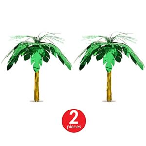 Beistle 2 Piece Metallic Plastic Palm Tree Cascade Centerpieces for Luau Hawaiian Theme Birthday Party Supplies Jungle Safari Decorations, 18", Green/Gold