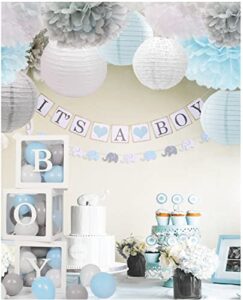luckylibra baby shower decorations for boy, b-o-y transparent balloon boxes & latex balloons & it is a boy banners & elephant garland & paper lantern & paper flower pom poms （grey blue white ）