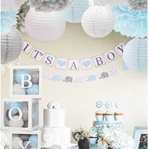 luckylibra Baby Shower Decorations For Boy, B-O-Y Transparent Balloon Boxes & Latex Balloons & It is a Boy Banners & Elephant Garland & Paper Lantern & Paper Flower Pom Poms （Grey Blue White ）