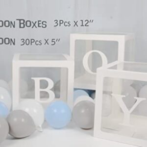 luckylibra Baby Shower Decorations For Boy, B-O-Y Transparent Balloon Boxes & Latex Balloons & It is a Boy Banners & Elephant Garland & Paper Lantern & Paper Flower Pom Poms （Grey Blue White ）