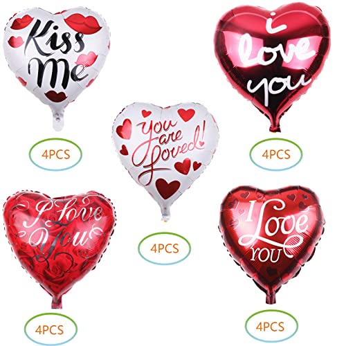 20Pcs Happy Valentines Day Foil Balloons Party Decorations Supplies, Heart Shaped I Love You Kiss Me Valentines Foil Balloons Romantic Love Decorations