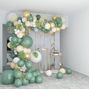 Pateeha Sage Green Balloon Garland Kit 140 Pcs, Baby Shower Decorations Olive Green Gold Metallic White Gold Confetti Nude Balloon Arch for Bridal Shower Wedding Birthday Party